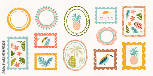 Collection of colorful tropical themed postage stamps with illustrations of pineapples birds flowers and palm trees