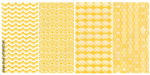 Collection of four seamless yellow and white geometric patterns with wavy and fan designs