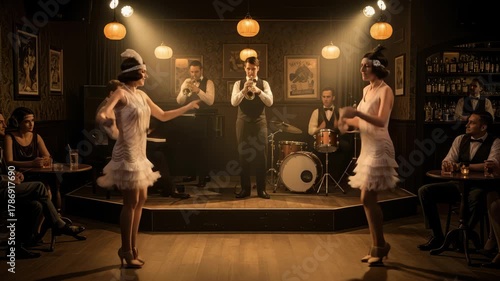 Roaring Twenties Dance Celebration: A lively vintage jazz performance in a dimly lit bar
