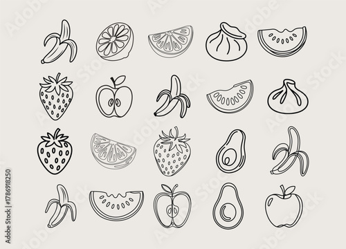 Line Art Variety of Fresh Fruits and Dumplings on Light Background Minimalist Vector Illustration