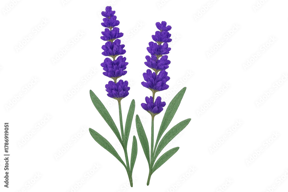 Naklejka premium Two vibrant purple lavender sprigs with green leaves, presenting essential oil, aromatherapy, and herbal themes on transparent background