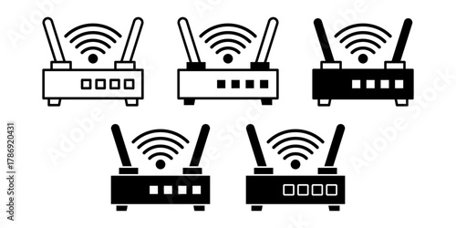 Network Router Black Icon Bundle for Internet Connection and Data System Design