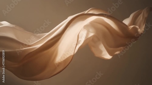 Elegant flowing fabric in soft beige color, creating graceful waves. The material is highlighted by a warm light source, ideal for backgrounds.