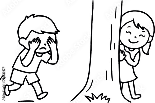 Children playing hide and seek game behind a tree outdoors
