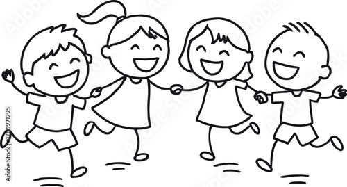 Four happy cartoon children holding hands and jumping together