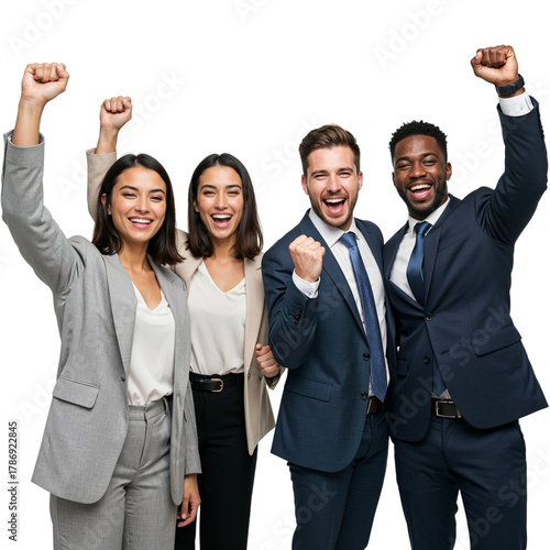 Diverse group of business professionals celebrating success with raised fists isolated on transparent background