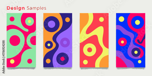 Collection of four vibrant abstract graphic design samples with organic shapes and bold colors