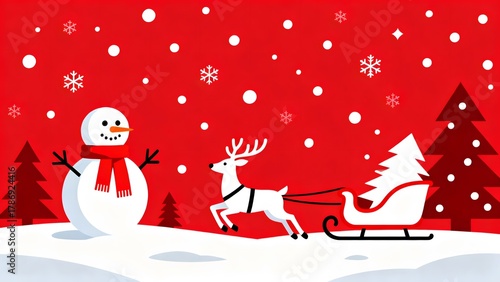 Snowman reindeer sleigh winter scene
