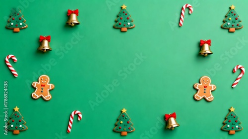 Christmas cookies and decorations on green background