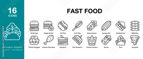 Fast Food icon set. Includes fast food, burger, fries, pizza, hotdog, sandwich and More. Editable Stroke Icon Collection.