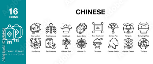 Chinese icon set. Includes chinese, china, asia, asian, culture, tradition and More. Editable Stroke Icon Collection.