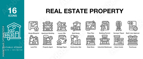 Real Estate Property icon set. Includes realestate, property, house, home, apartment and More. Editable Stroke Icon Collection.