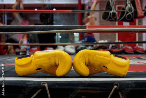Pair of Yellow Boxing Gloves Placed Symmetrically on a Boxing Ring. A striking pair of boxing gloves positioned side-by-side on the edge of a professional boxing ring, with the blurred gym background.