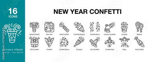 New Year Confetti icon set. Includes newyear, confetti, celebration, festive, party and More. Editable Stroke Icon Collection.