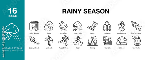 Rainy Season icon set. Includes rainy, rain, monsoon, drizzle, shower, downpour and More. Editable Stroke Icon Collection.