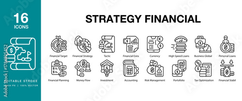 Strategy Financial icon set. Includes strategy, finance, planning, investment, portfolio and More. Editable Stroke Icon Collection.