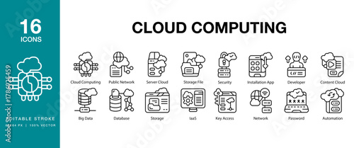 Cloud Computing icon set. Includes cloud, computing, server, hosting, storage and More. Editable Stroke Icon Collection.