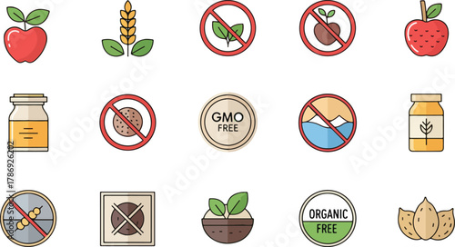 Product Nutrition Icons Set with Gluten Free, Vegan, No Sugar, GMO Free, Lactose Free, Organic Allergy Symbols, Vector Cartoon Illustration Collection for Healthy Food Labeling