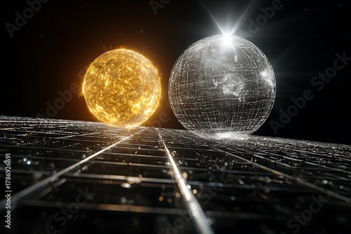 Two Spheres, One Sunlike and One Disco Ball, on a Grid Surface.