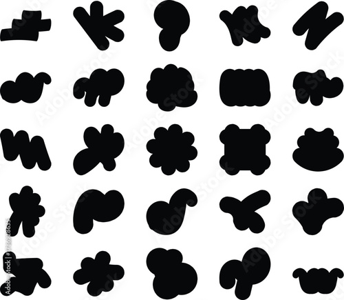 Abstract Black Ink Shape Pattern Collection for Creative Design Projects. Solid Rounded Organic Icon Shape Set for Modern Graphic Design. Black Silhouette Vector Collection