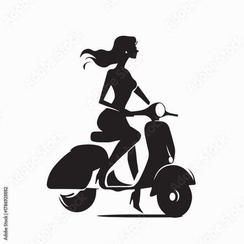 Stylish Woman Riding Scooter Silhouette Illustration on White Background