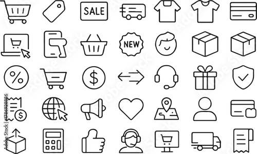 E-commerce Line Icon Set. Online Shopping, Retail, Delivery, Payment, and Customer Service Symbols.