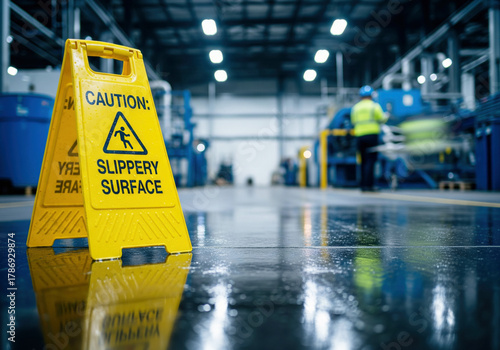 Yellow 'Slippery Surface' caution sign on a wet factory floor, emphasizing workplace safety and potential hazards in an industrial environment.
