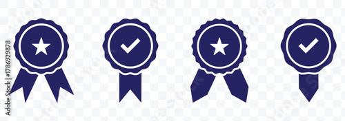 Badge with ribbon icon set, approved or verified medal icon. Certified badge. Circular ribbon medal icon , vector illustration.