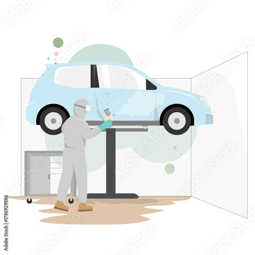Flat vector illustration of a car painter in protective gear spraying paint on a vehicle in a booth. Minimal flat style with soft pastel tones,body shop and painting service concepts.