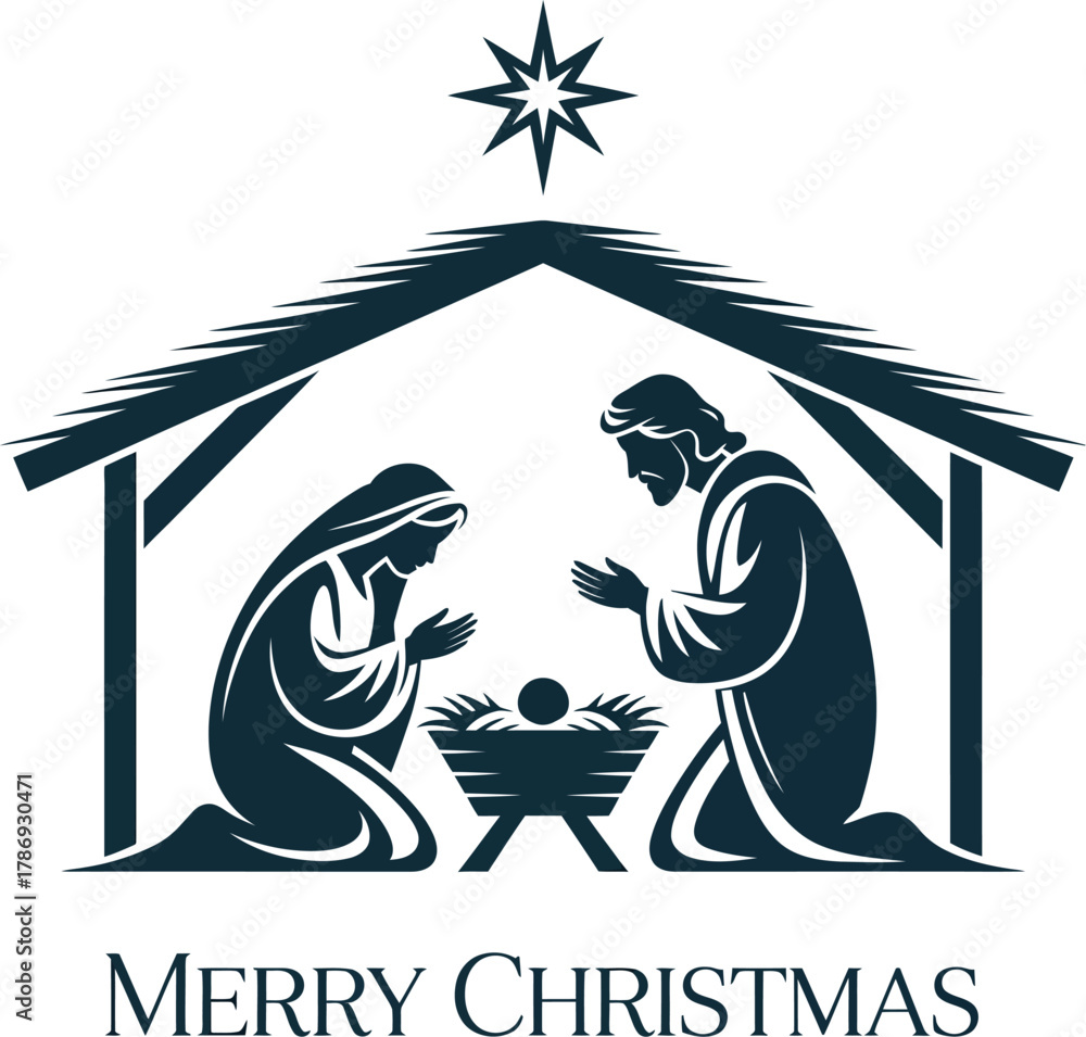 Fototapeta premium Merry christmas jesus birth nativity scene illustration