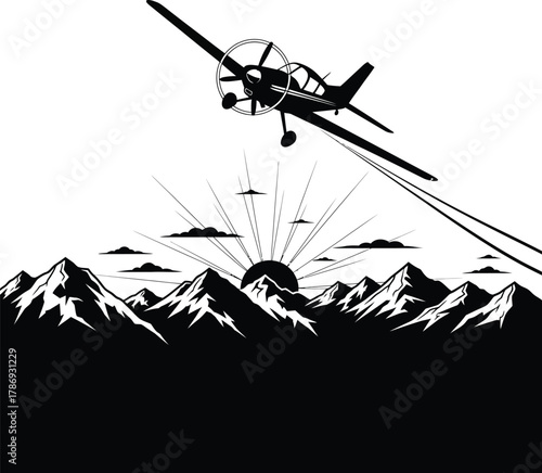 Airplane Flying over Mountains Black & White Silhouette Vector Art