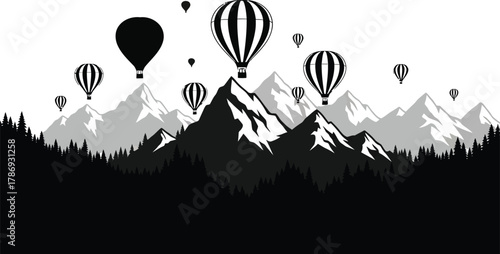 Air Balloons Over Mountains Black & White Silhouette Vector Art