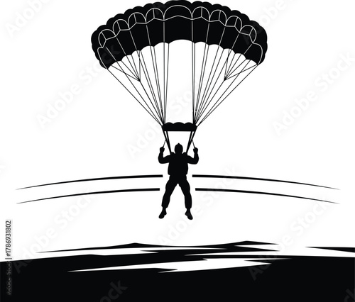 Parachutist in Sky Black & White Silhouette Vector Art