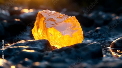 Glowing amber rock on wet stones in sunset light