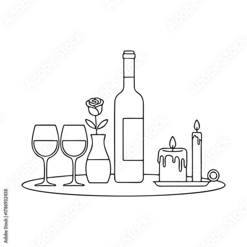 Elegant vector illustration of a romantic Valentine's dinner setting with wine, flowers, and candles