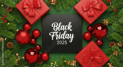 Black friday 2025 marketing background with festive christmas decorations