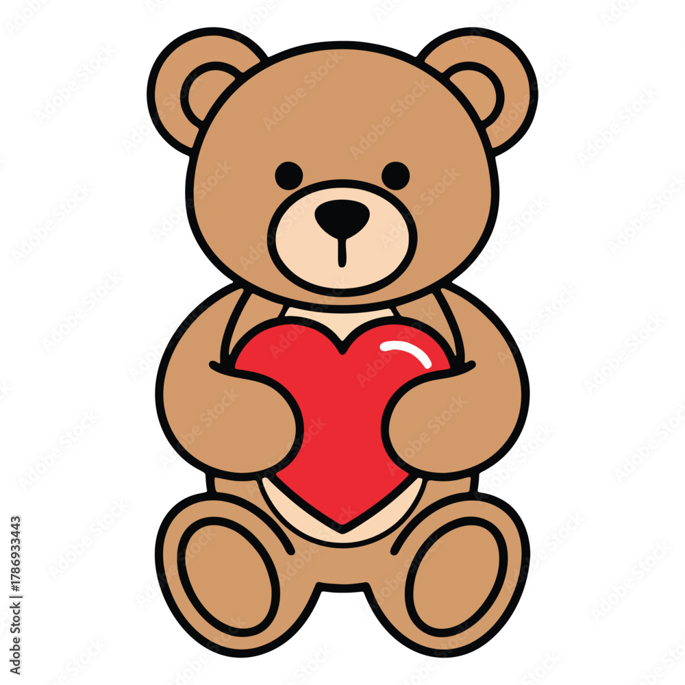 Obraz premium Cute cartoon teddy bear holding a red heart, vector illustration for Valentine's Day