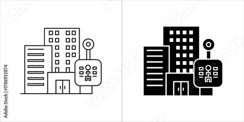 Modern office buildings with a digital display sign, line art and silhouette versions