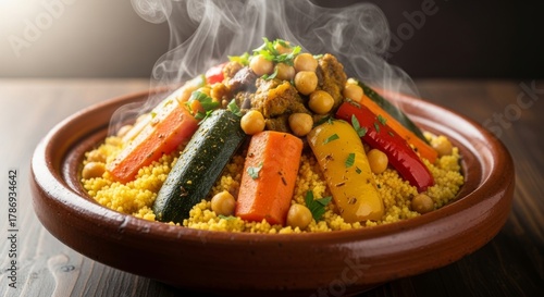 steaming Moroccan couscous with vegetables and chickpeas
