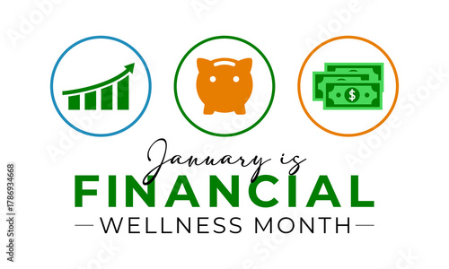 Creative vector design for Financial Wellness Month, observed in January to support smart financial decisions. Banner poster and background design template. Vector illustration. piggy bank vector.
