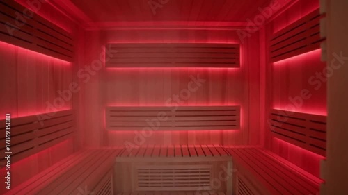 Red-Lit Infrared Sauna Room | Wellness & Detoxification Chamber | Modern Home Spa Experience