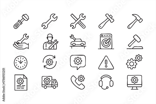 Minimalist maintenance and mechanic icon pack for gear, wrench, and fix visuals