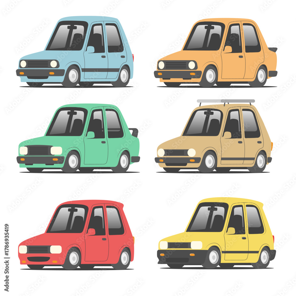 Obraz premium Colorful cartoon mini cars collection in flat vector style. Cute small vehicle illustration for kids design, poster, infographic, or automotive concept.