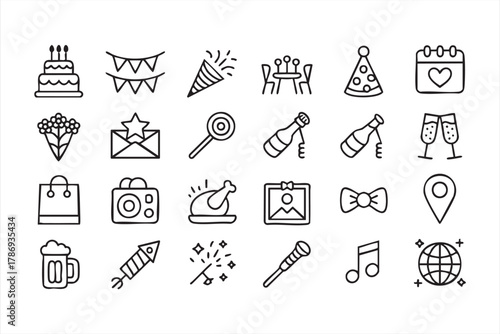 Party, music, and food icon collection for celebration and social event design