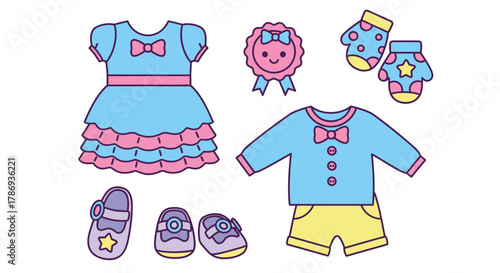 Adorable baby clothes set with dress, outfit, shoes and mittens