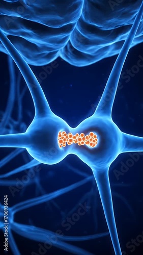 Detailed Neural Synapse Transmission Animation in Blue Tones Featuring Neurotransmitter Molecules Transfer with Depth of Field for Scientific and Medical Visualization Under Dark Background