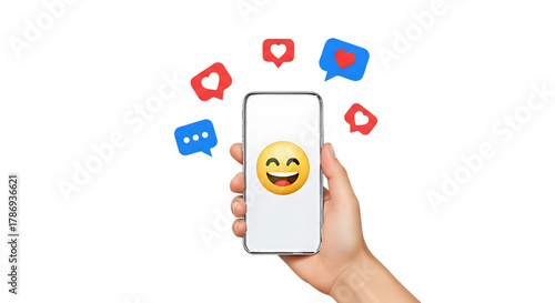 Hand holding phone with happy emoji and social media icons isolated on a transparent background