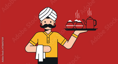 Smiling waiter serves hot tea and traditional Indian desserts with a smile.