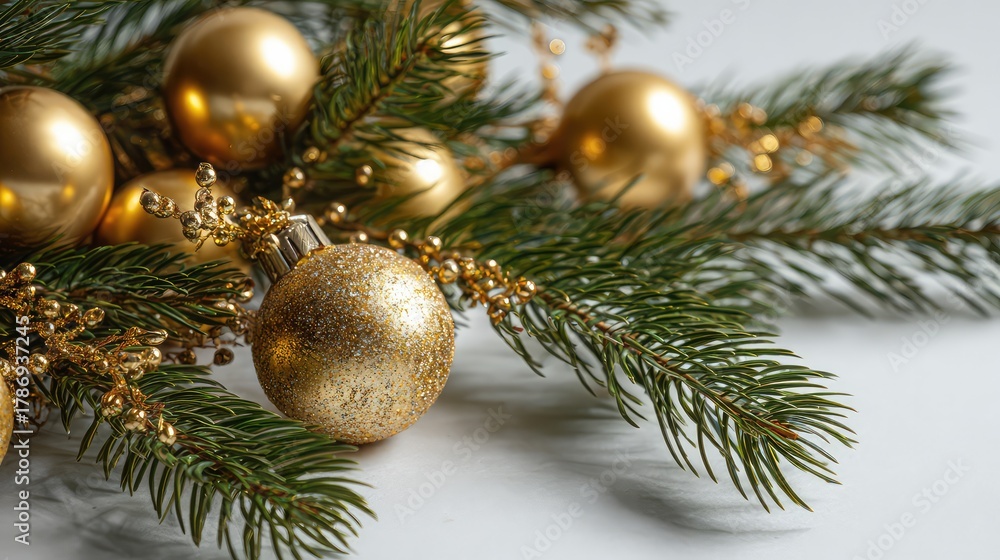 Fototapeta premium Golden Christmas ornaments hang from the cedar branches, leaving space for text.