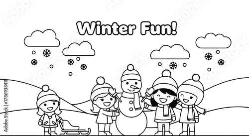 Children building snowman with sled, enjoying winter fun!